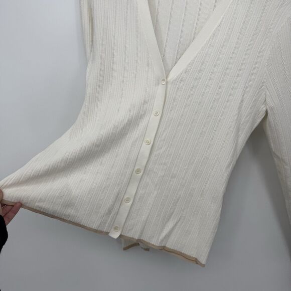 Theory Open Knit White & Tan Cardigan Top Preppy Designer Size Medium - Picture 3 of 10